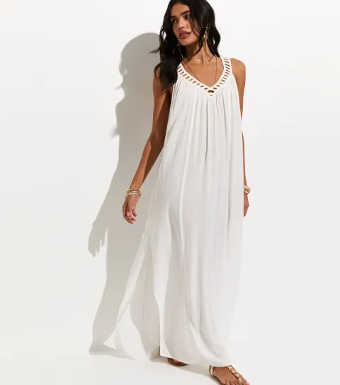 White Crochet Trim V-Neck Beach Maxi Dress