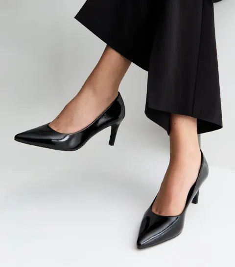 Black Patent Faux Leather Pointed Toe Court Shoes Vegan