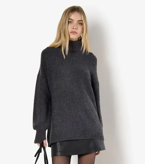 Dark Grey Roll Neck Tunic Jumper