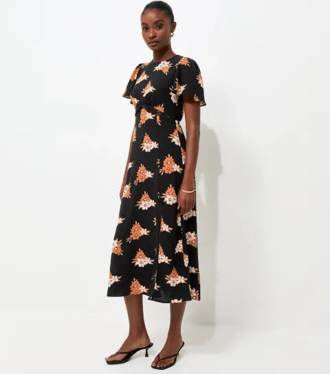 Black Floral Print Lace Trim Midi Dress