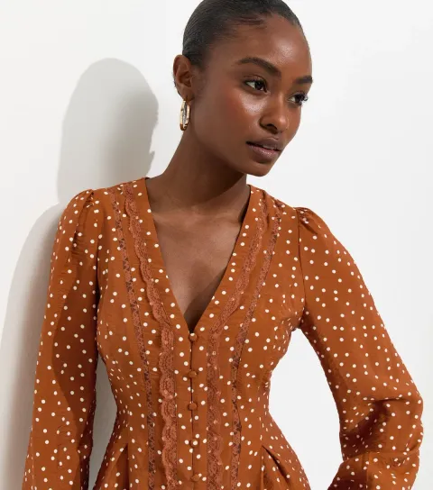 Orange Lace Trim Spot Print Button Blouse