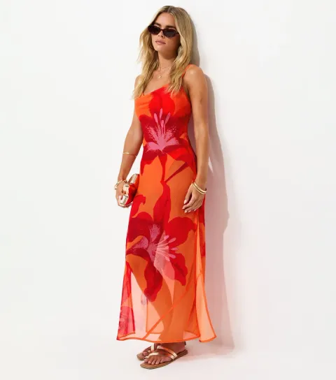 Petite Orange Hibiscus Maxi Beach Dress