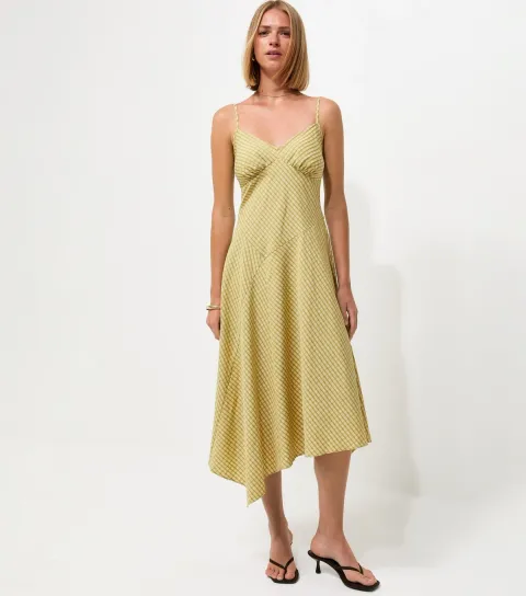 Green Asymmetric Hem V-Neck Midi Dress