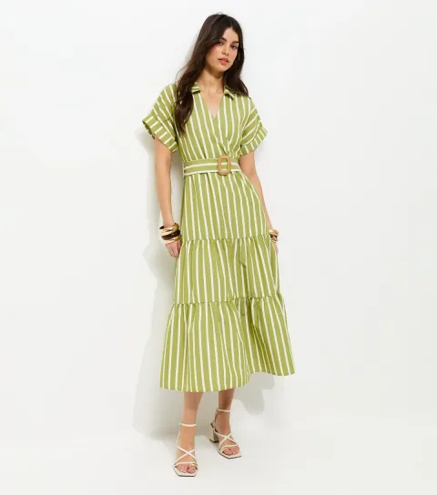 Green Stripe Shirt Raffia Buckle Midi Dress