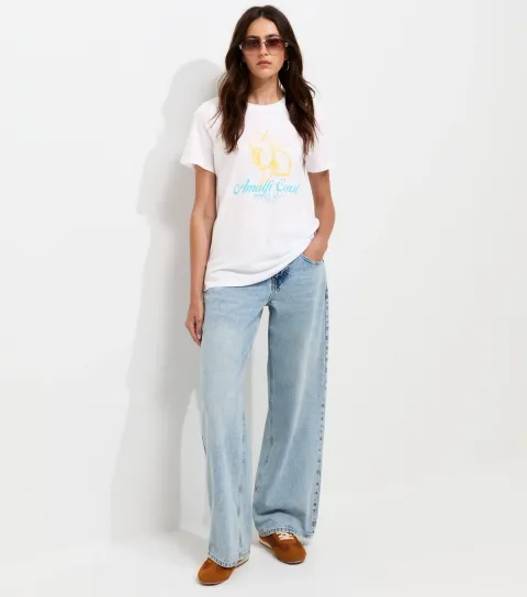 White Amalfi Coast Lemon Print Crew Neck T-Shirt