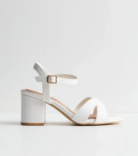 Extra Wide Fit White Cross Strap Block Heel Sandals Vegan