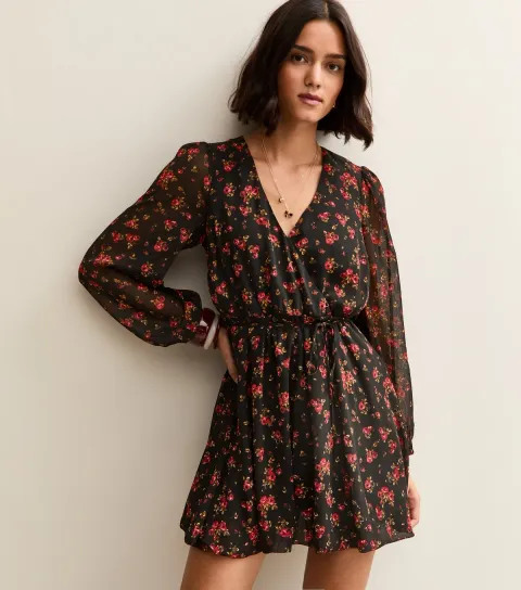 Black Floral Wrap Front Mini Dress