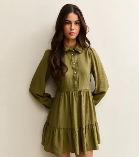 Light Khaki Tiered Mini Shirt Dress