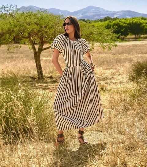 Black Striped Drop Waist Puff Sleeve Midi Dress