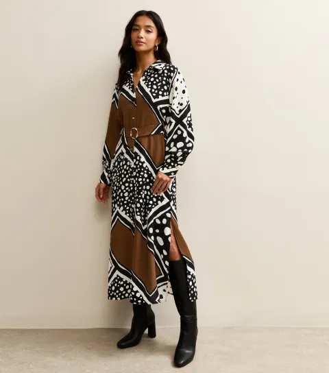 Petite Black Patchwork Print Midi Shirt Dress