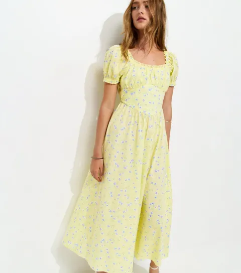 Yellow Cotton Floral Milkmaid Midi Dress