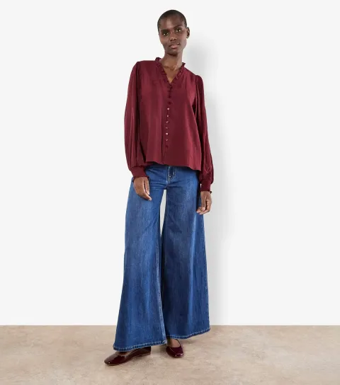 Burgundy Ruffle Smock Boho Blouse
