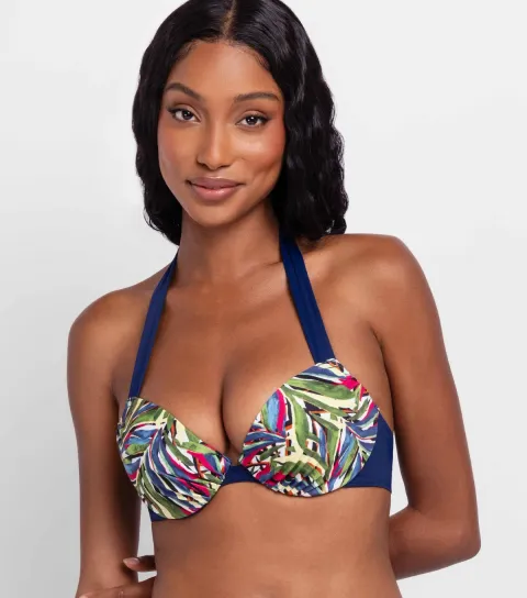Blue Floral Print Halterneck Bikini Top