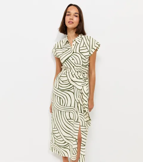 Cream Geometric Print Tie Waist Midi Shirt Dress