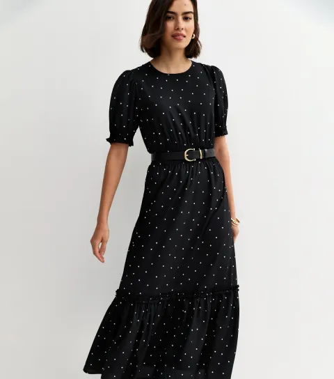 Black Spotty Short Sleeve Tiered Midi Dress