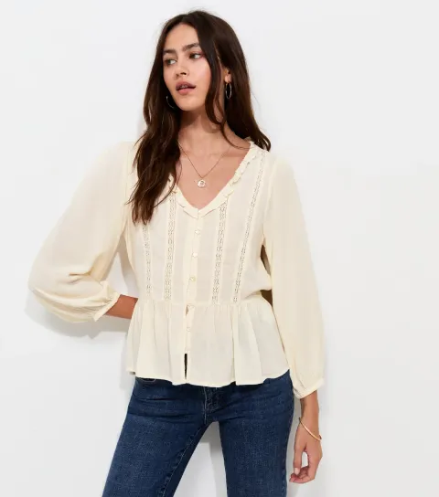 Cream Lace Trim Cropped Sleeve Peplum Blouse