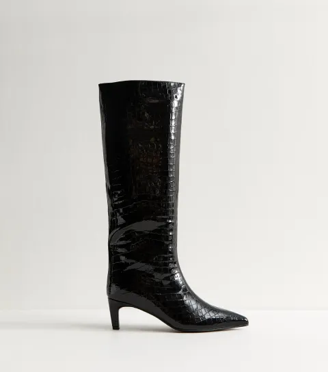 Black Low Heel Sleek Faux Leather Croc Knee High Boots Vegan