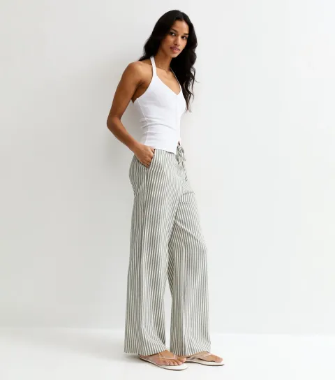 Cream Striped Seersucker Wide Leg Trousers