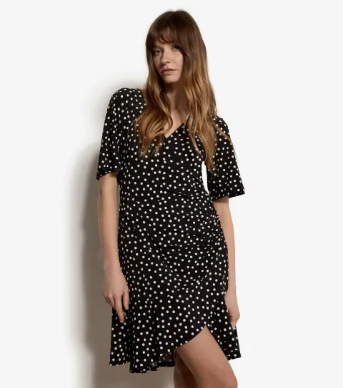 Black Dot Print Side Ruched Mini Dress