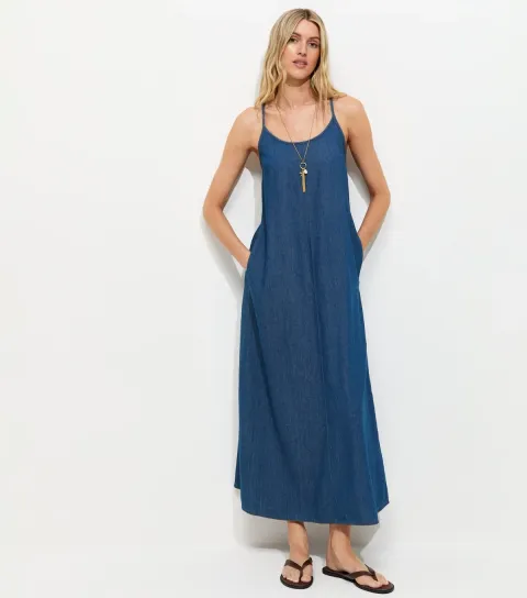 Tall Blue Chambray Cotton Midi Dress