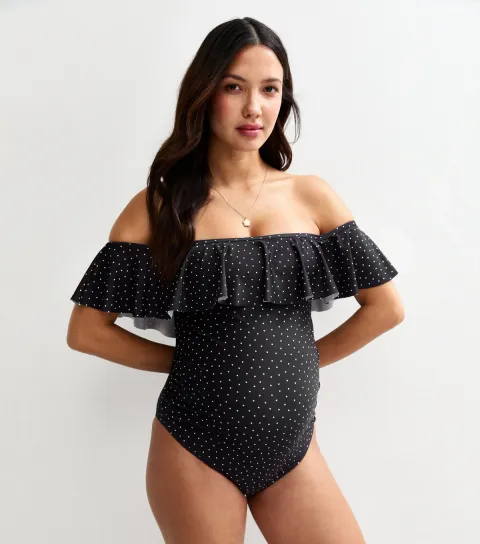 Maternity Black Polka Dot Frilly Trim Swimsuit