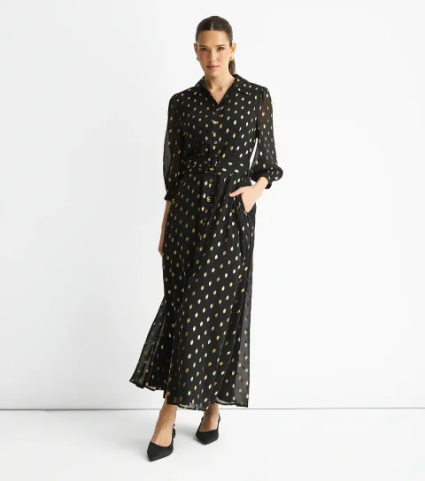 Black Chiffon Foil Belt Maxi Shirt Dress