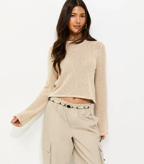 Oatmeal Cotton Rich Cropped Textured Jumper
