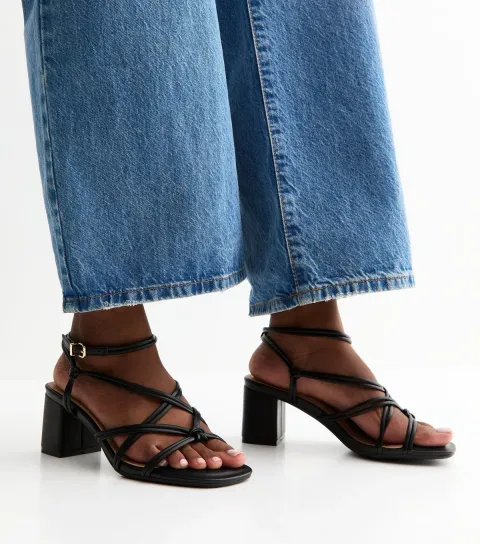 Wide Fit Black Faux Leather Strappy Block Heel Sandals Vegan