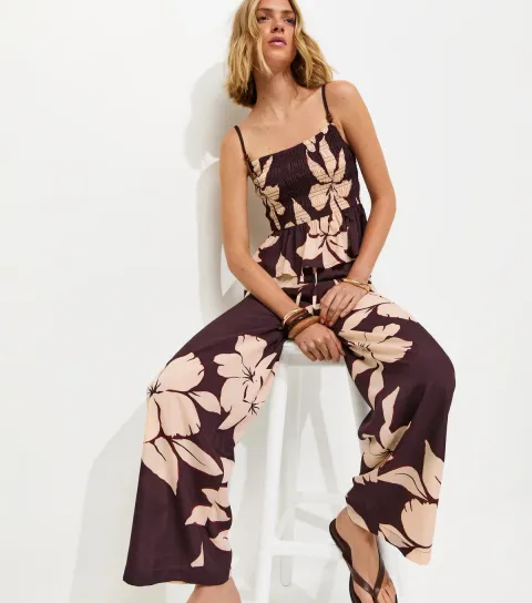 Brown Hibiscus Print Wide Leg Trousers