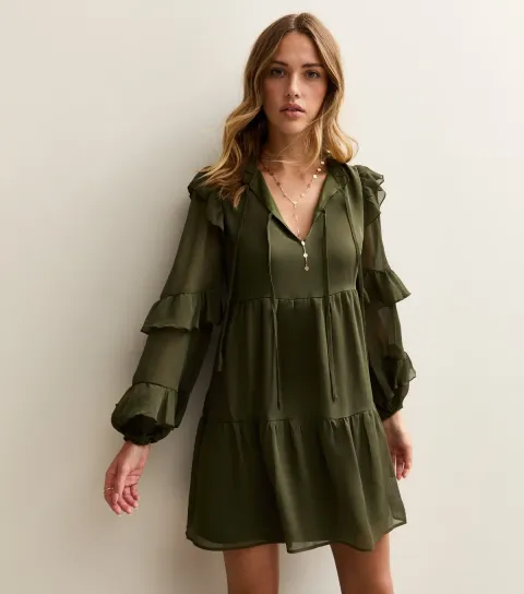 Khaki Ruffle Trimmed Tie Neck Chiffon Mini Dress
