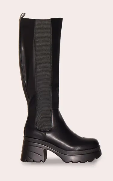 Black Pu Chunky Chelsea Heeled Knee High Boots