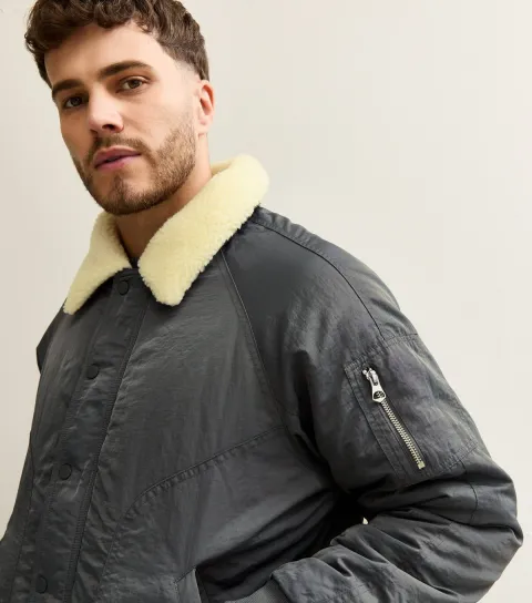Grey Regular Fit Borg Collar Bomber Jacket