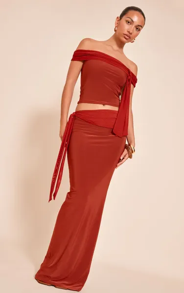 Burnt Orange Double Slinky Knotted Maxi Skirt