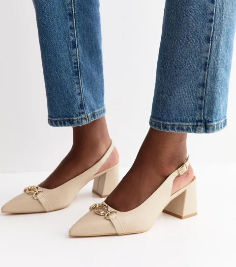 Off White Faux Leather Chain Slingback Block Heels Vegan