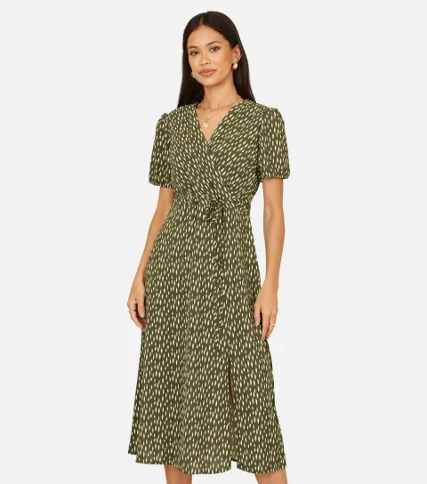 Green Spot Print Wrap Midi Dress