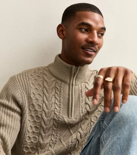 Mink Regular Cable Knit Quarter Zip Jumper