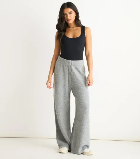 Grey Brushed Knit Wide Leg Trousers