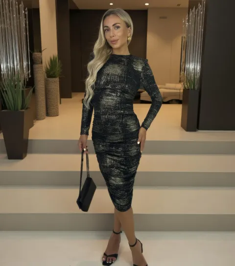 Black Abstract Print Bodycon Midi Dress