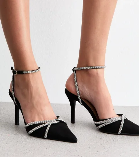 Black Faux Suede Embellished Court Shoes Vegan