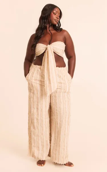 Plus Stone Frayed Linen Look Wide Leg Beach Trousers