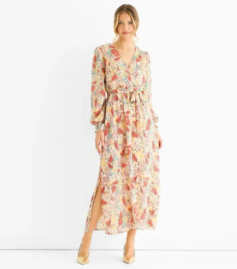 Multicoloured Floral Wrap Midi Dress