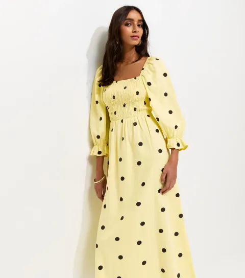 Yellow Textured Polka Dot Shirred Midi Dress