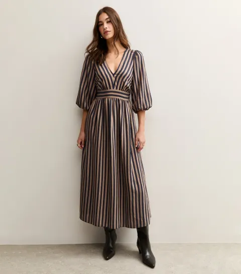 Brown Striped V-Neck Puff Sleeve Midi Dress