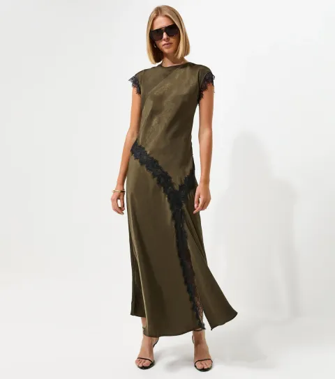 Dark Khaki Lace Trim Bias Cut Midi Dress