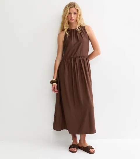 Brown Drop Waist Sleeveless Midi Dress