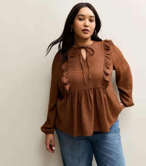 Plus Size Rust Ruffled Tie Neck Blouse Curves