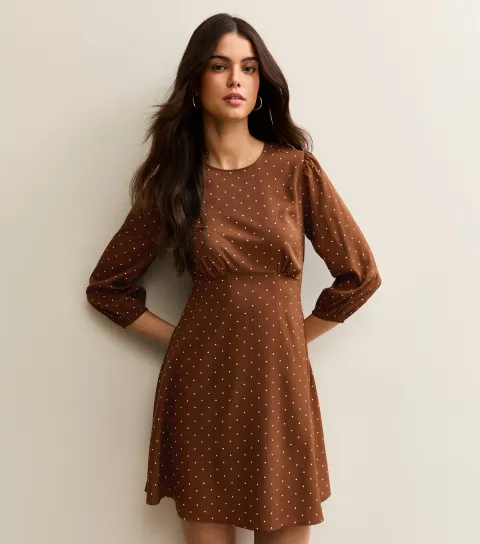 Brown Polka Dot Cropped Sleeve Mini Dress