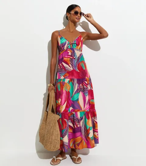 Purple Flower Print Crepe Maxi Beach Dress