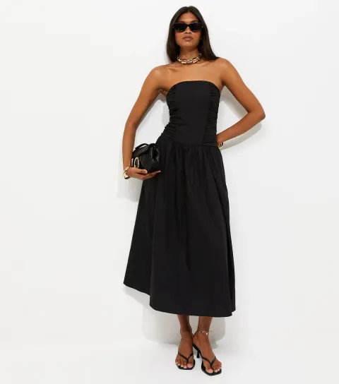 Black Cotton Ruched Bandeau Midi Dress