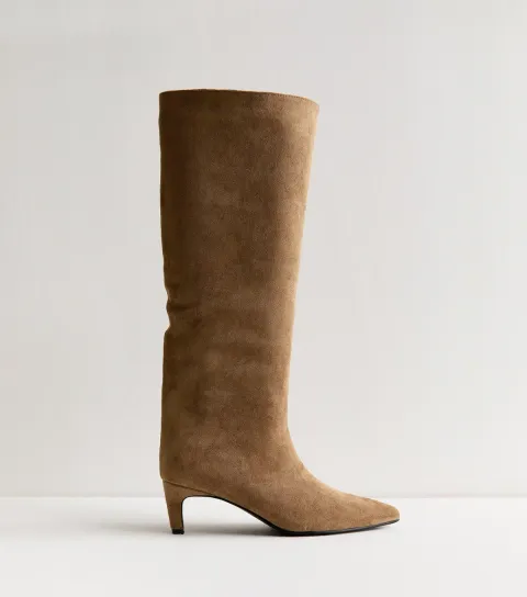 Camel Faux Suede Low Stiletto Heel Knee High Boots Vegan